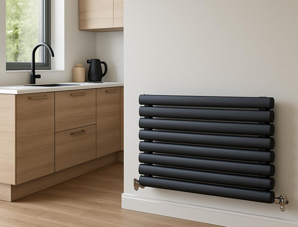 Anthracite horizontal radiator in a modern kitchen