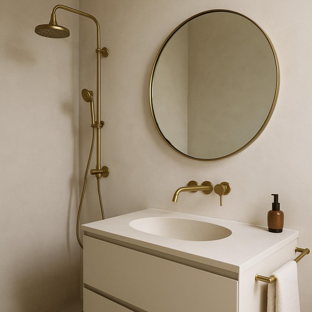 Brass fixtures in a modern bathroom