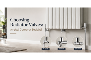 Angled, corner and straight radiator valves shown side by side