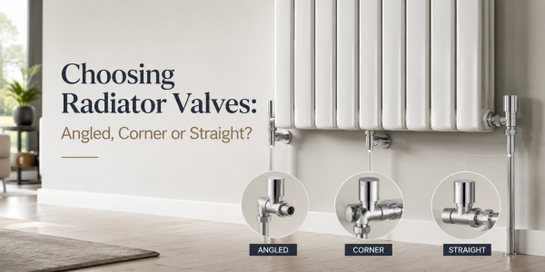 Angled, corner and straight radiator valves shown side by side