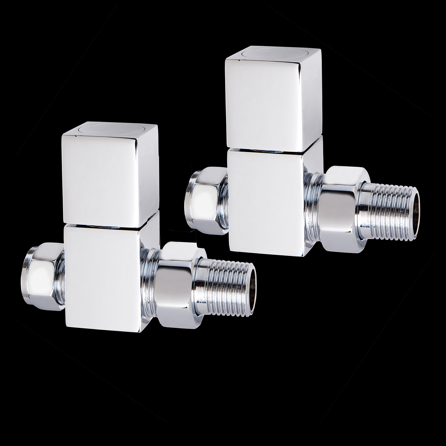 Polished Chrome Square Designer Straight Manual Radiator Valves - Control & Lockshield Set