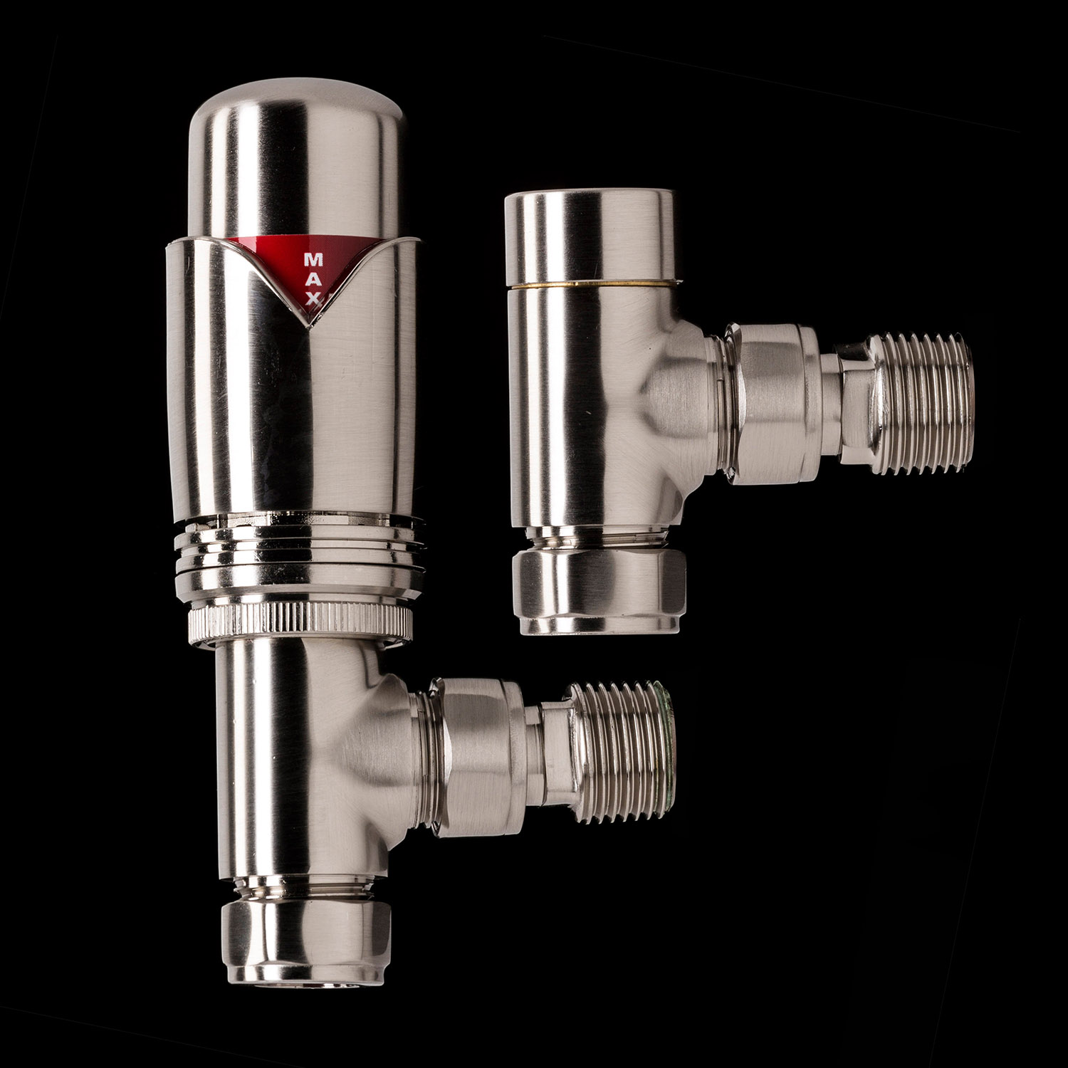 Brushed Chrome Designer Angled Thermostatic Radiator Valves - TRV & Lockshield Set
