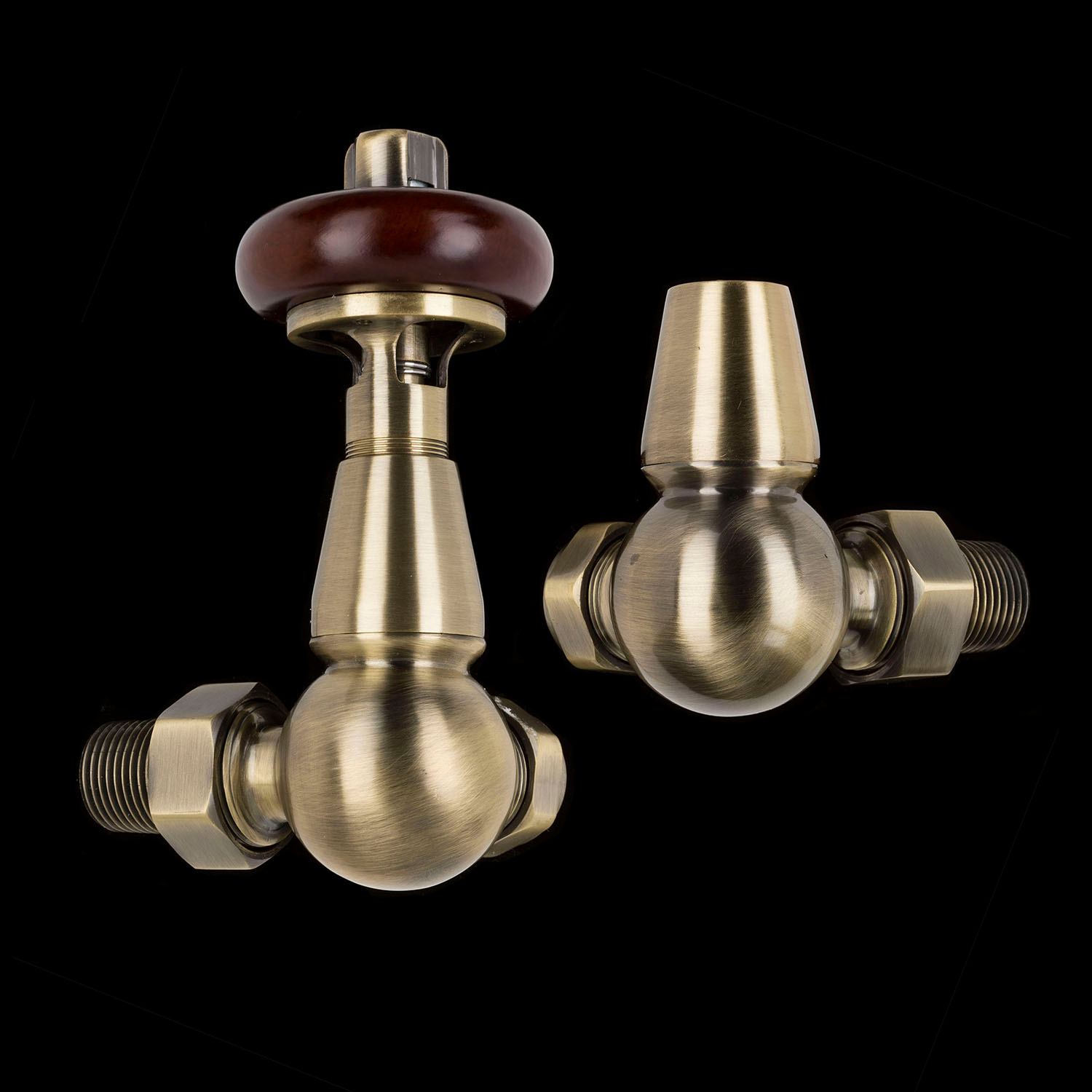 Antique Brass Traditional Corner Thermostatic Radiator Valves - TRV & Lockshield Set
