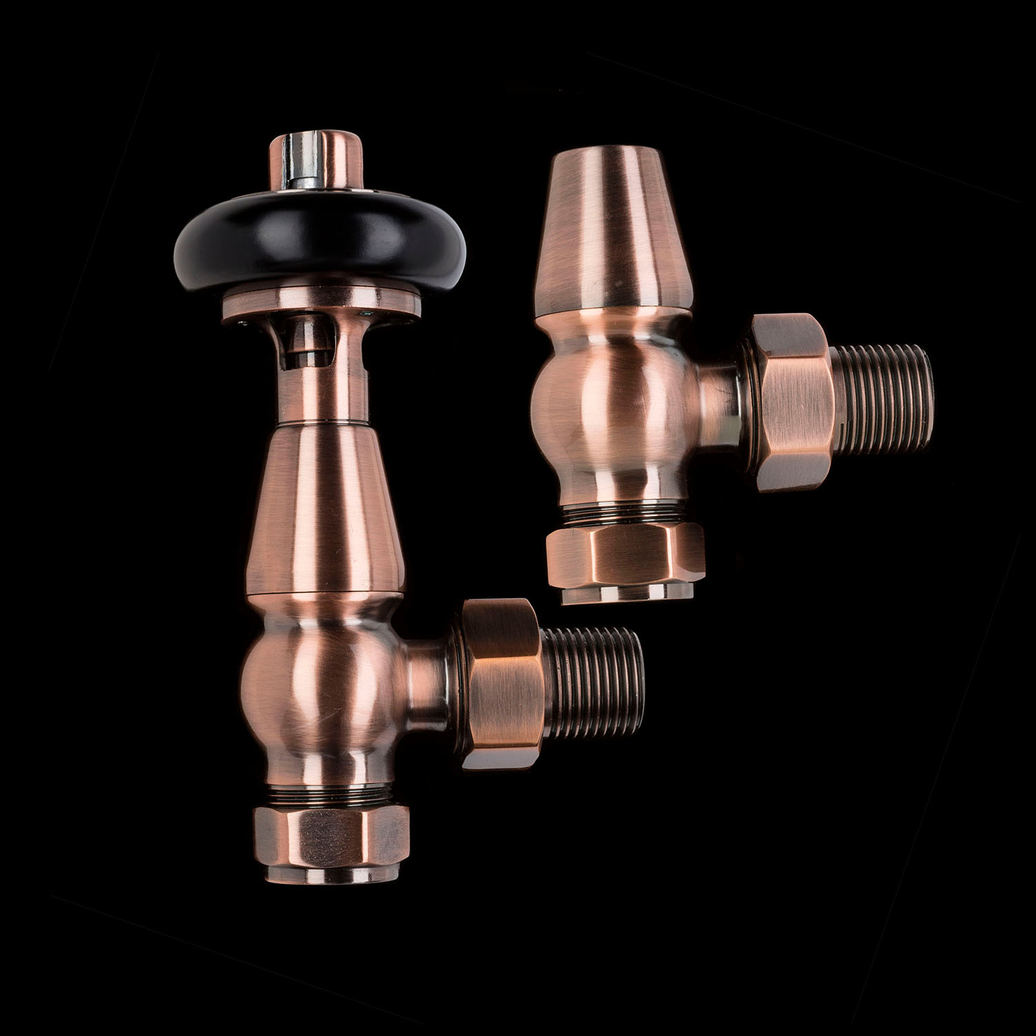 Antique Copper Traditional Angled Thermostatic Radiator Valves - TRV & Lockshield Set