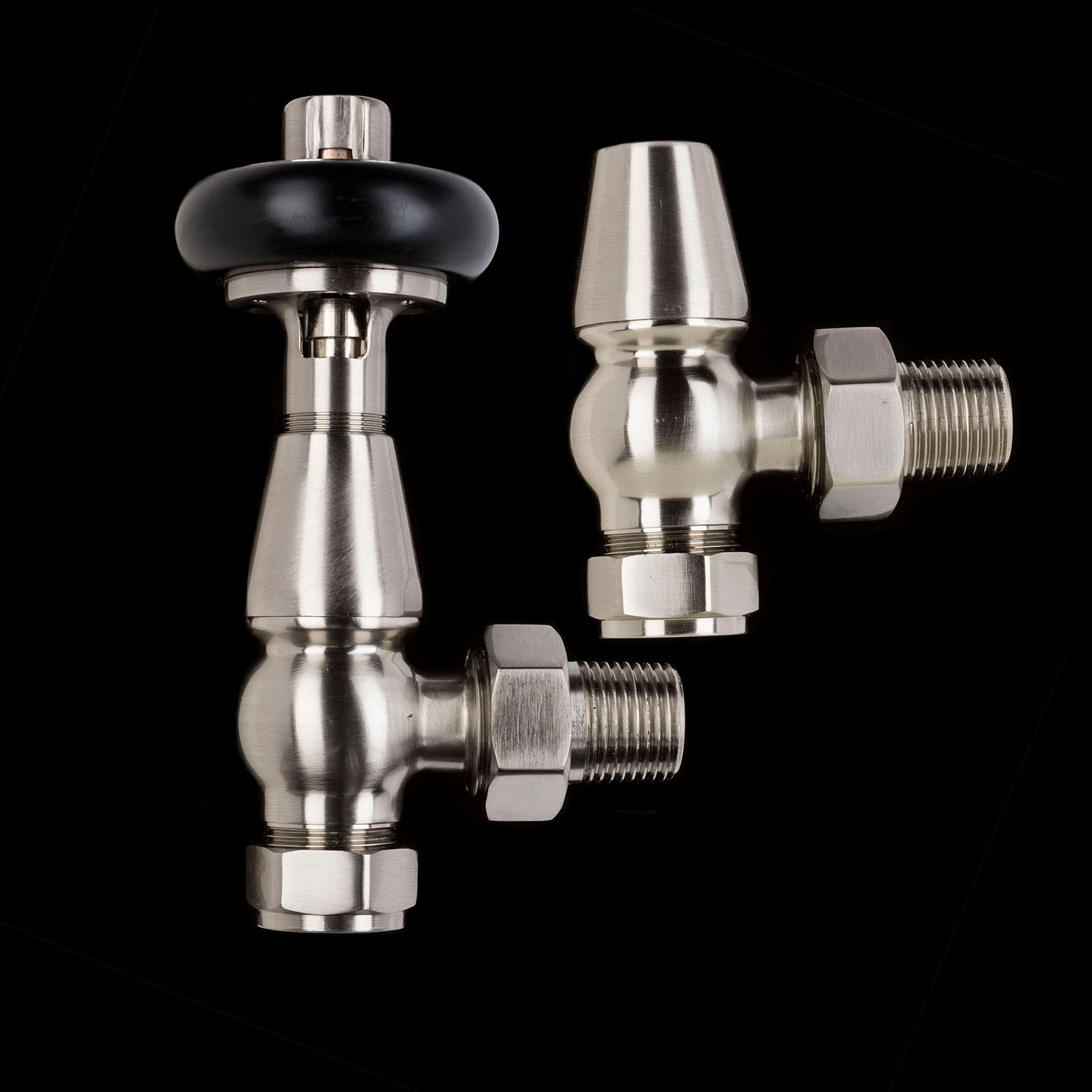 Brushed Chrome Period Angled Thermostatic Radiator Valves – TRV & Lockshield Set