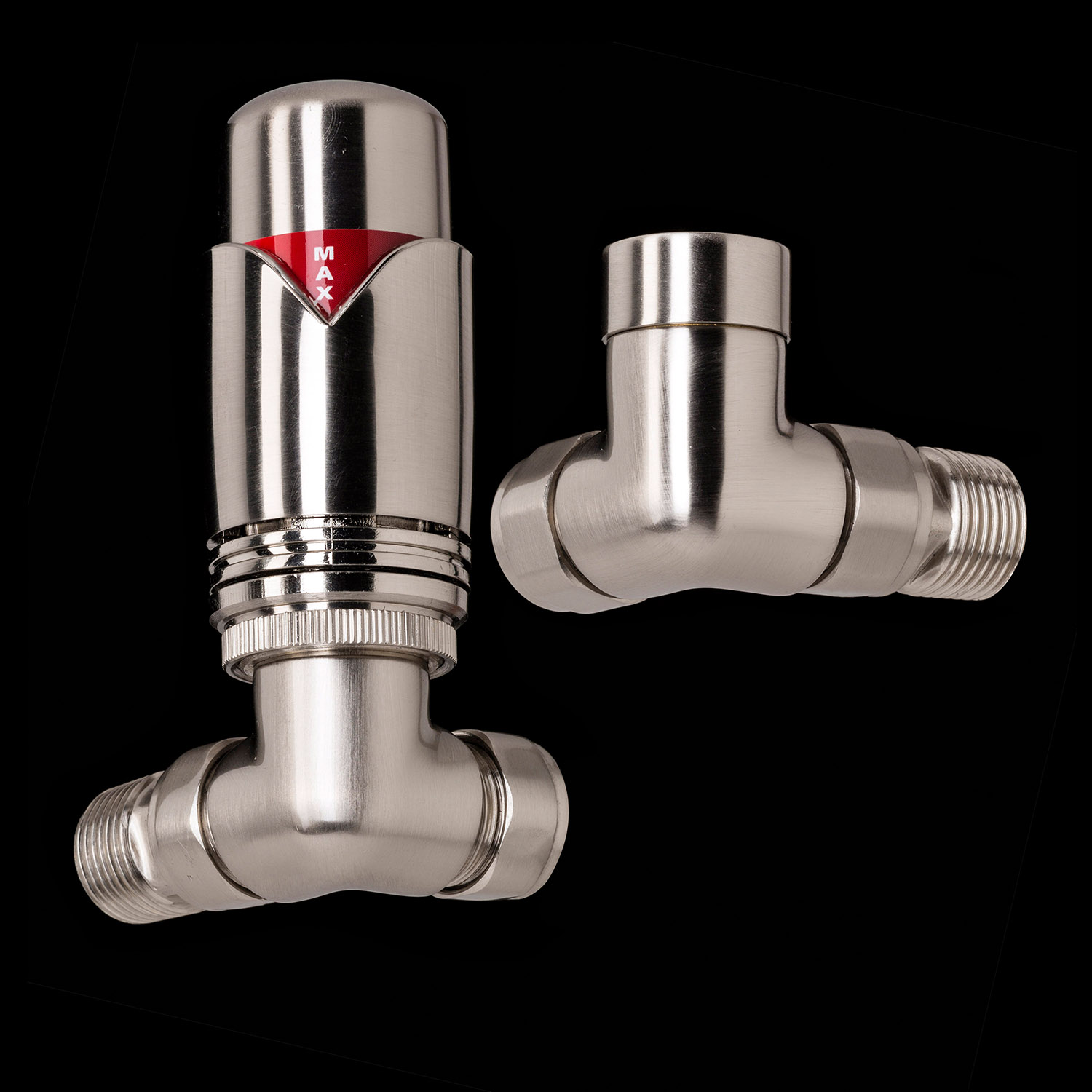 Brushed Chrome Designer Corner Thermostatic Radiator Valves - TRV & Lockshield Set