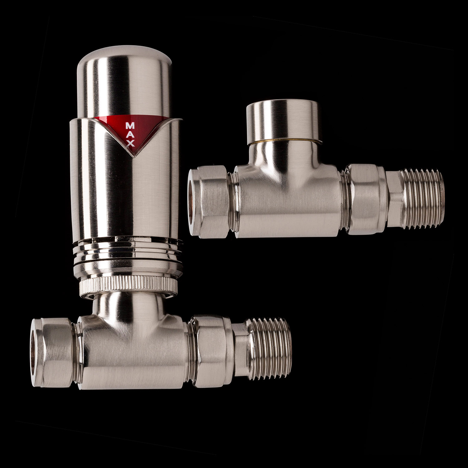 Brushed Chrome Designer Straight Thermostatic Radiator Valves - TRV & Lockshield Set