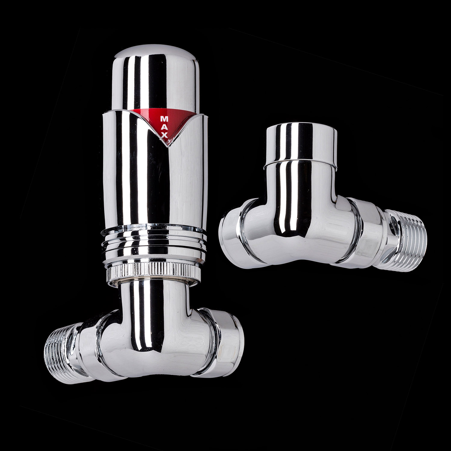 Polished Chrome Designer Corner Thermostatic Radiator Valves - TRV & Lockshield Set