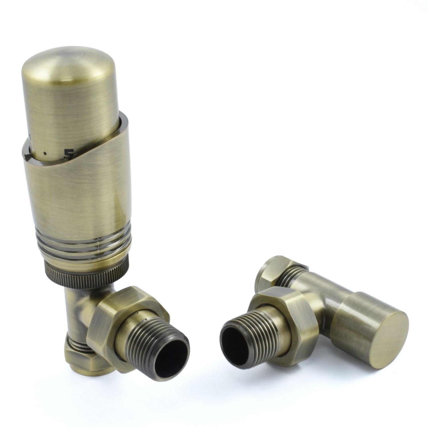 Antique Brass Thermostatic Angled Radiator Valves - For Pipes Coming Out Of Floor