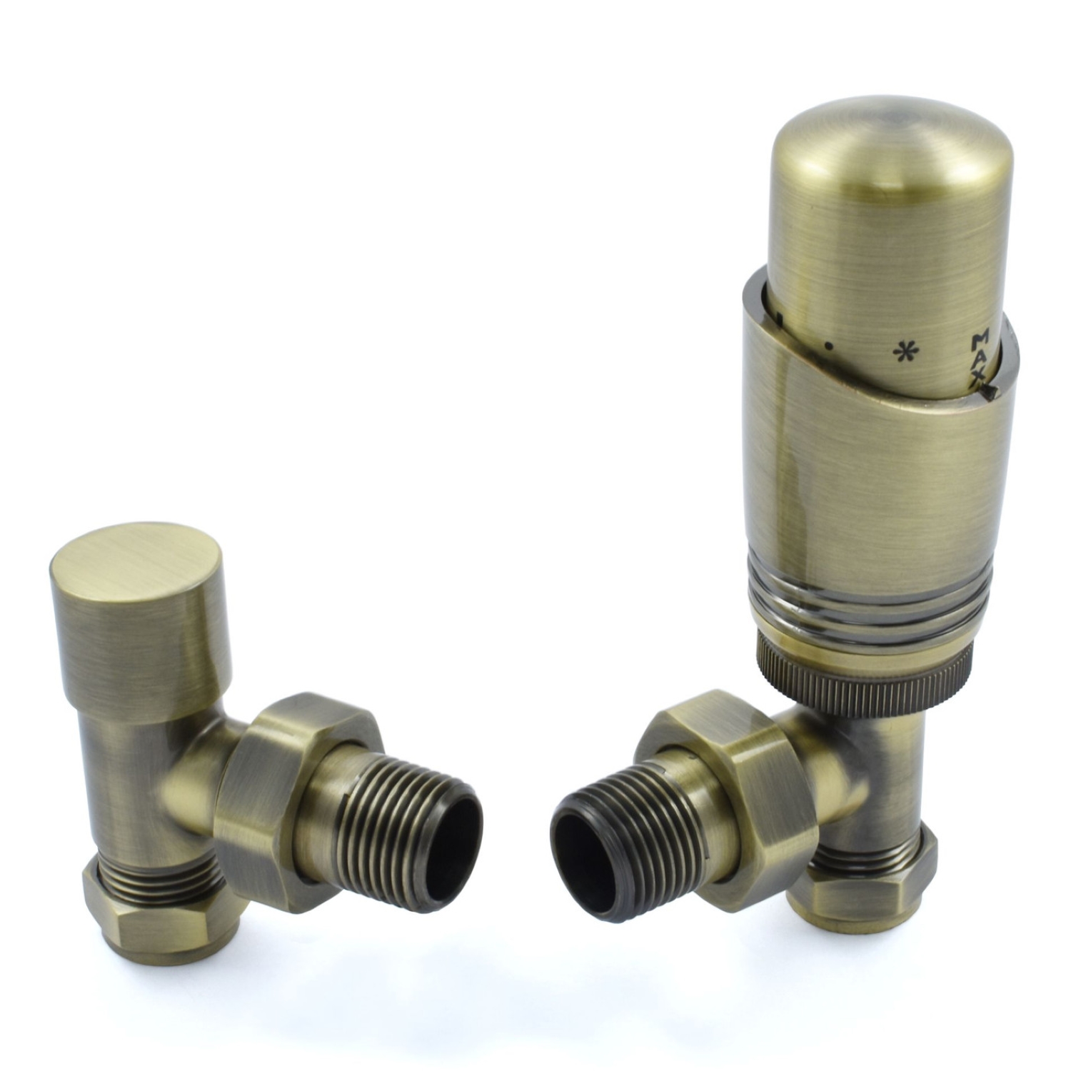 Antique Brass Thermostatic Angled Radiator Valves - For Pipes Coming Out Of Floor