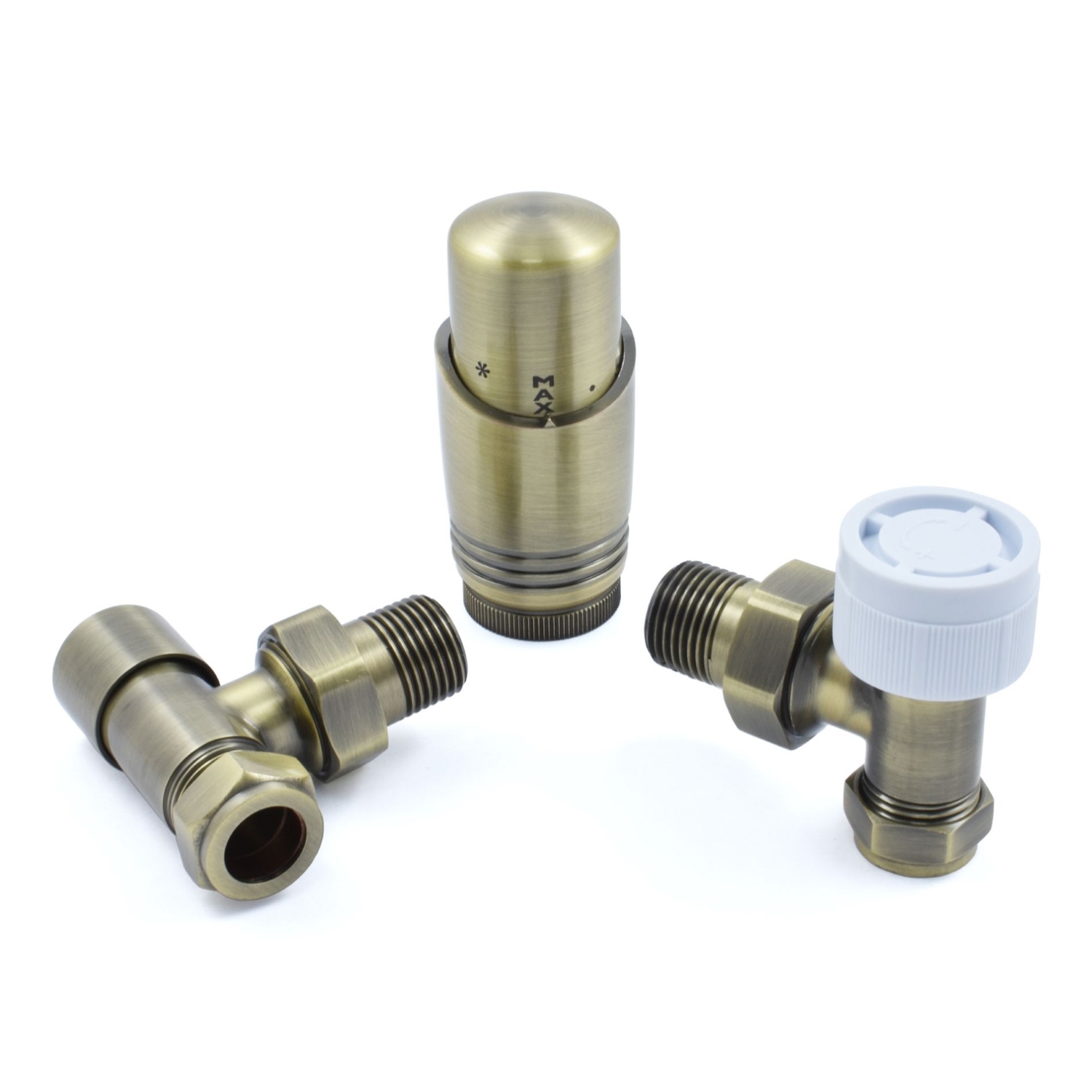 Antique Brass Thermostatic Angled Radiator Valves - For Pipes Coming Out Of Floor
