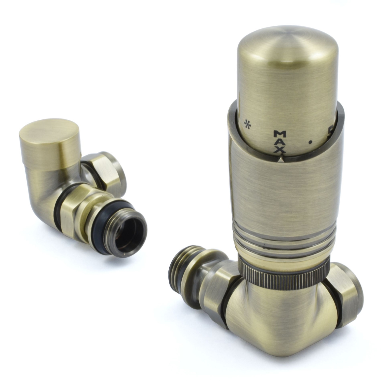 Antique Brass Thermostatic Corner Radiator Valves - For Pipes Coming Out Of Wall