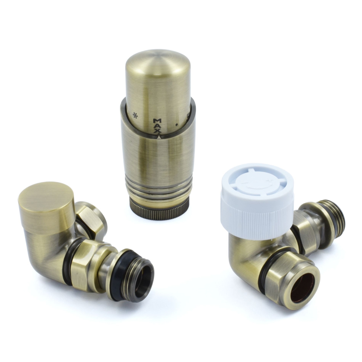Antique Brass Thermostatic Corner Radiator Valves - For Pipes Coming Out Of Wall