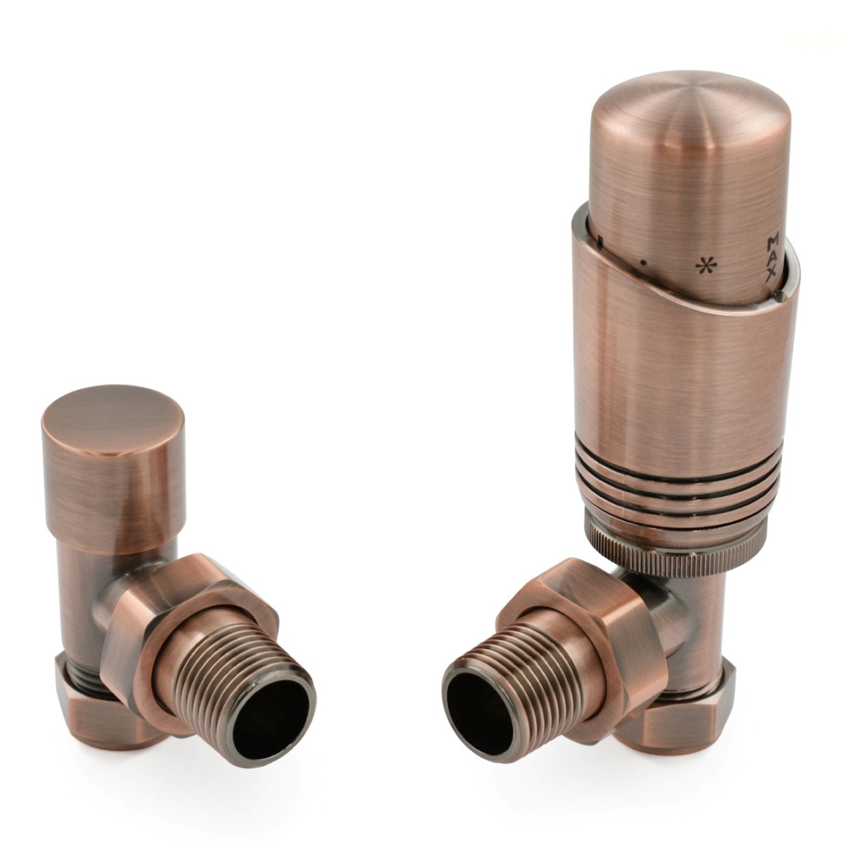 Antique Copper Thermostatic Angled Radiator Valves - For Pipes Coming Out Of Floor