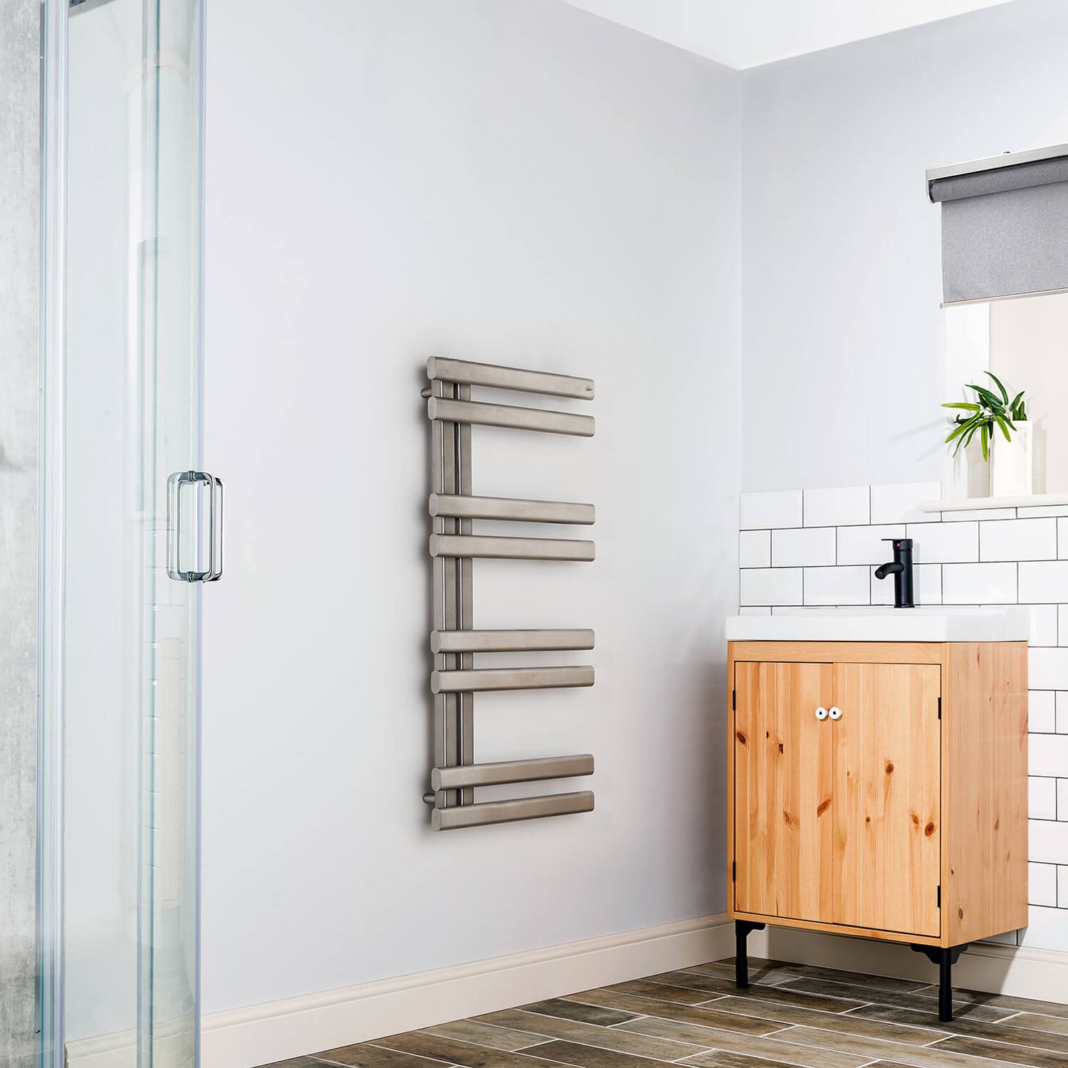 Bello Brushed Stainless Steel Floating Open Side Designer Heated Towel Rail 1000mm high x 500mm wide