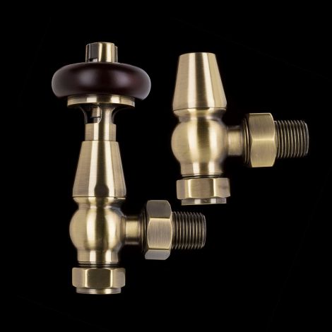 Antique Brass Traditional Angled Thermostatic Radiator Valves - TRV & Lockshield Set
