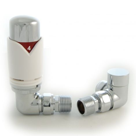 White Thermostatic Corner Radiator Valves - For Pipes Coming Out Of Wall