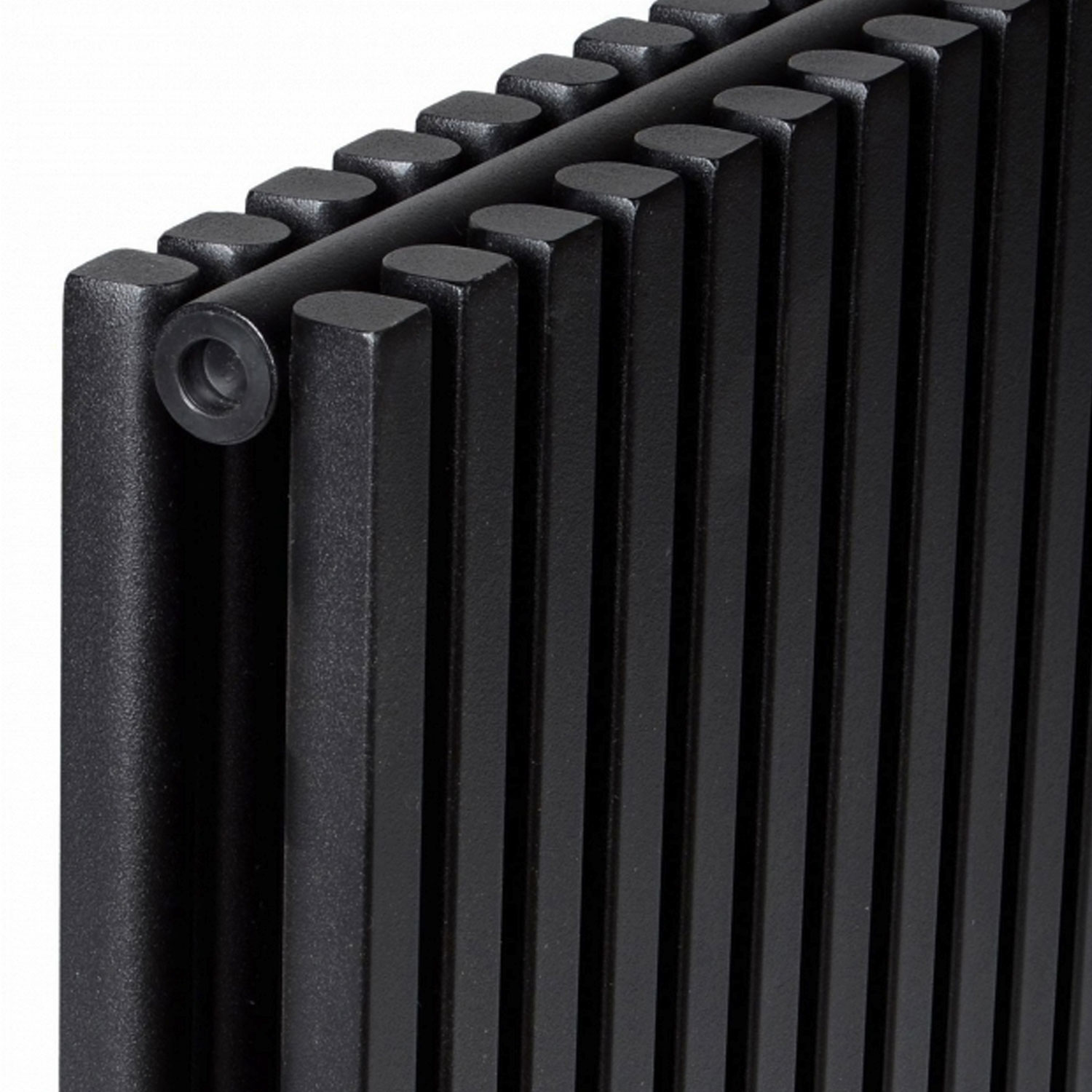 Sheffield anthracite square bar double panel horizontal designer radiator and a detailed close up 