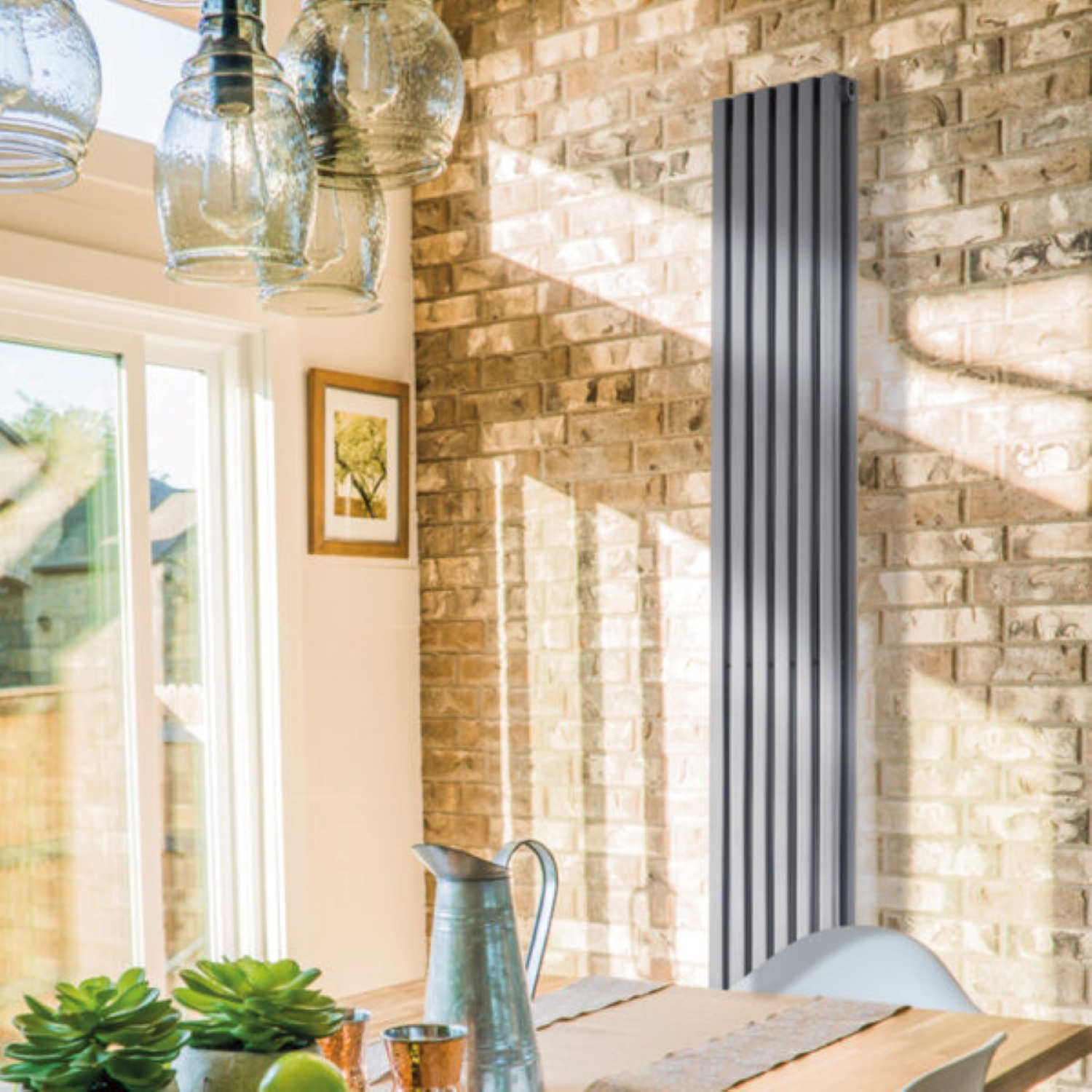 Sheffield anthracite square bar vertical designer radiator in a modern room