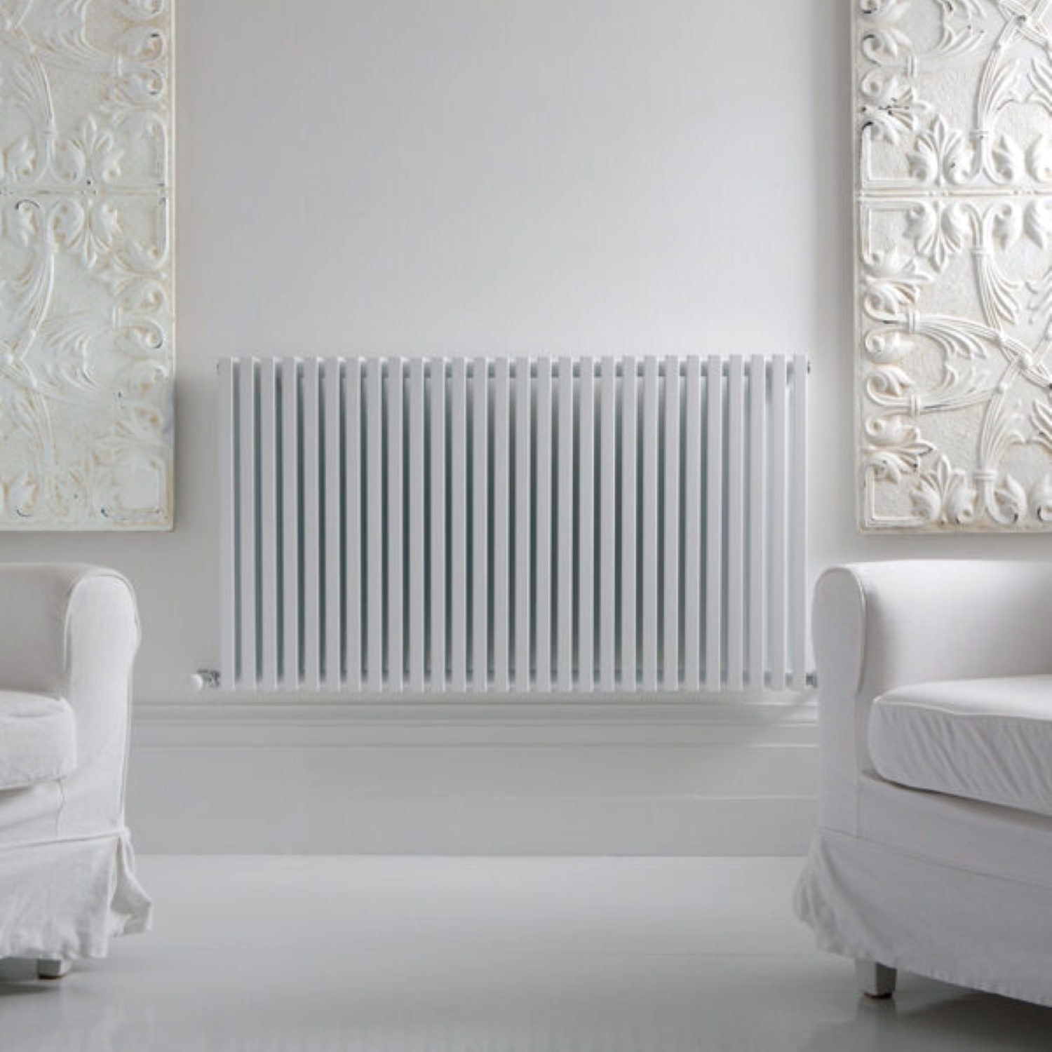 View from above of a Sheffield white square bar single panel vertical designer radiator