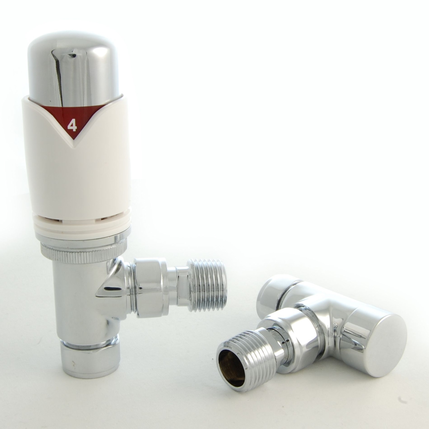 White Thermostatic Angled Radiator Valves - For Pipes Coming Out Of Floor