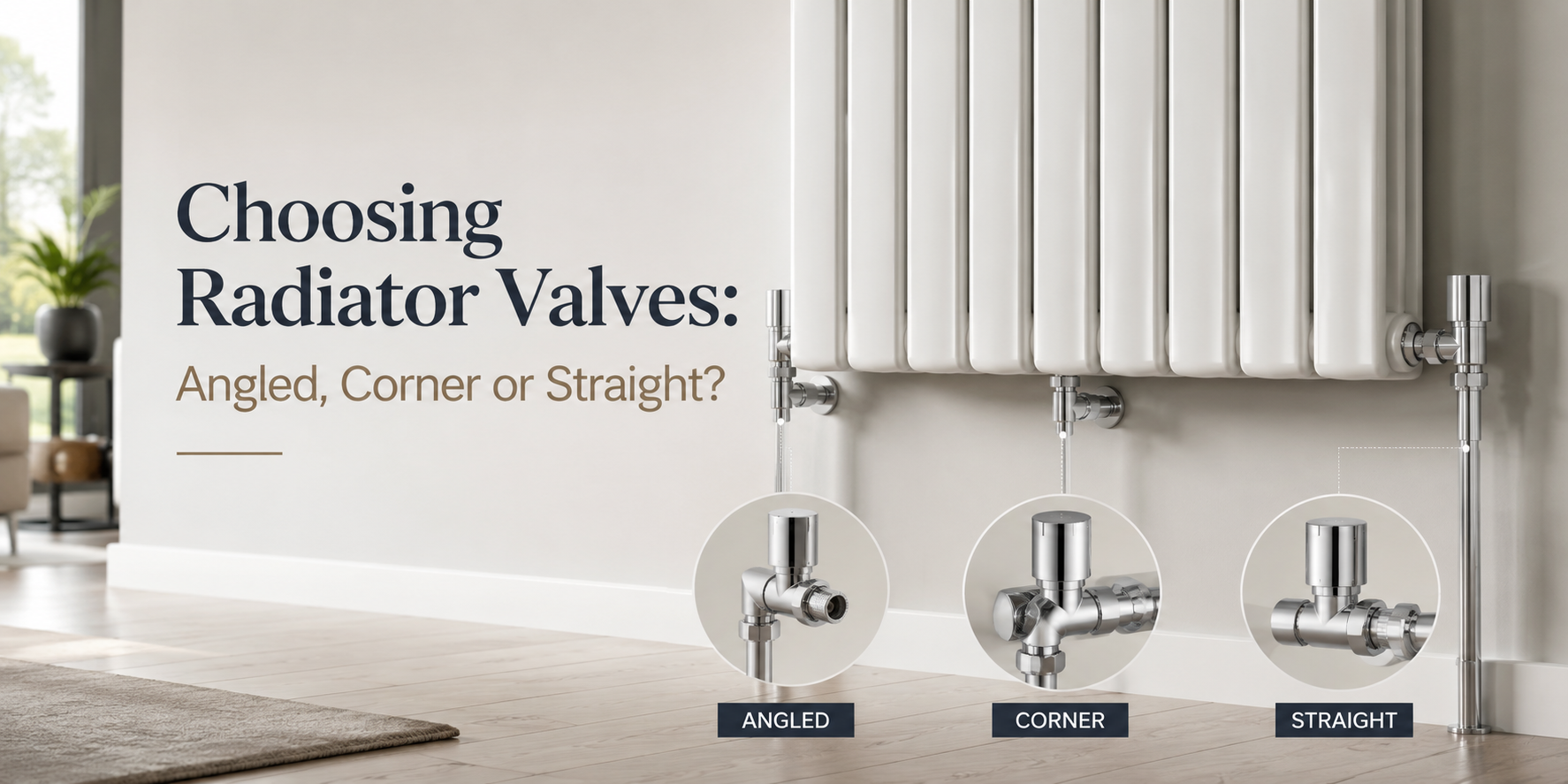 Angled, corner and straight radiator valves shown side by side